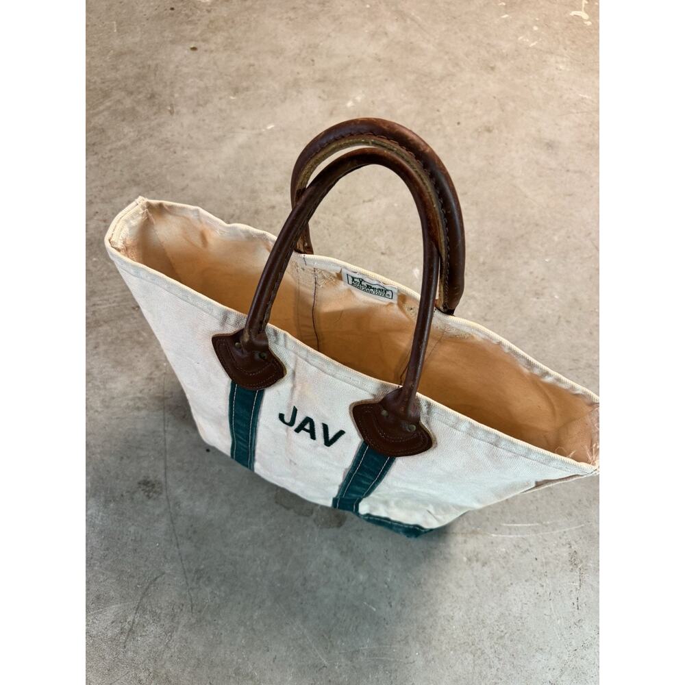 Vintage 80s LL Bean Boat Tote Canvas Bag Medium Green & White Made In USA - Picture 7 of 9